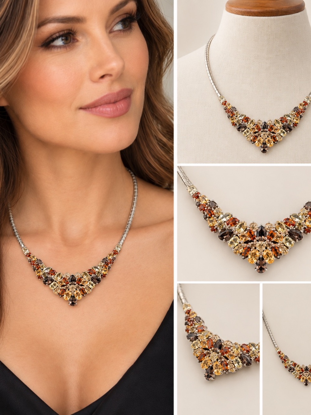 Milor 925 Sterling Silver Elegant Multicolor Crystal V-Statement Necklace